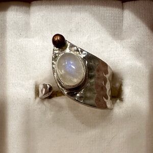 Unique Stirling Silver Ring with Moon Stone and Copper Accents